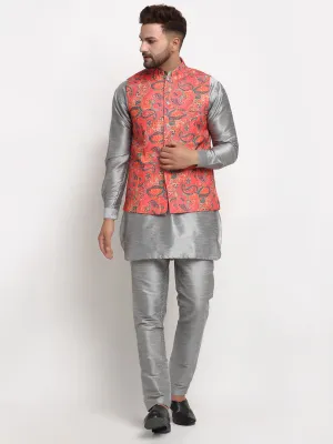 Men's Silk Blend Grey Kurta With Pyjama & Orange Printed Nehru Jacket - Benstoke