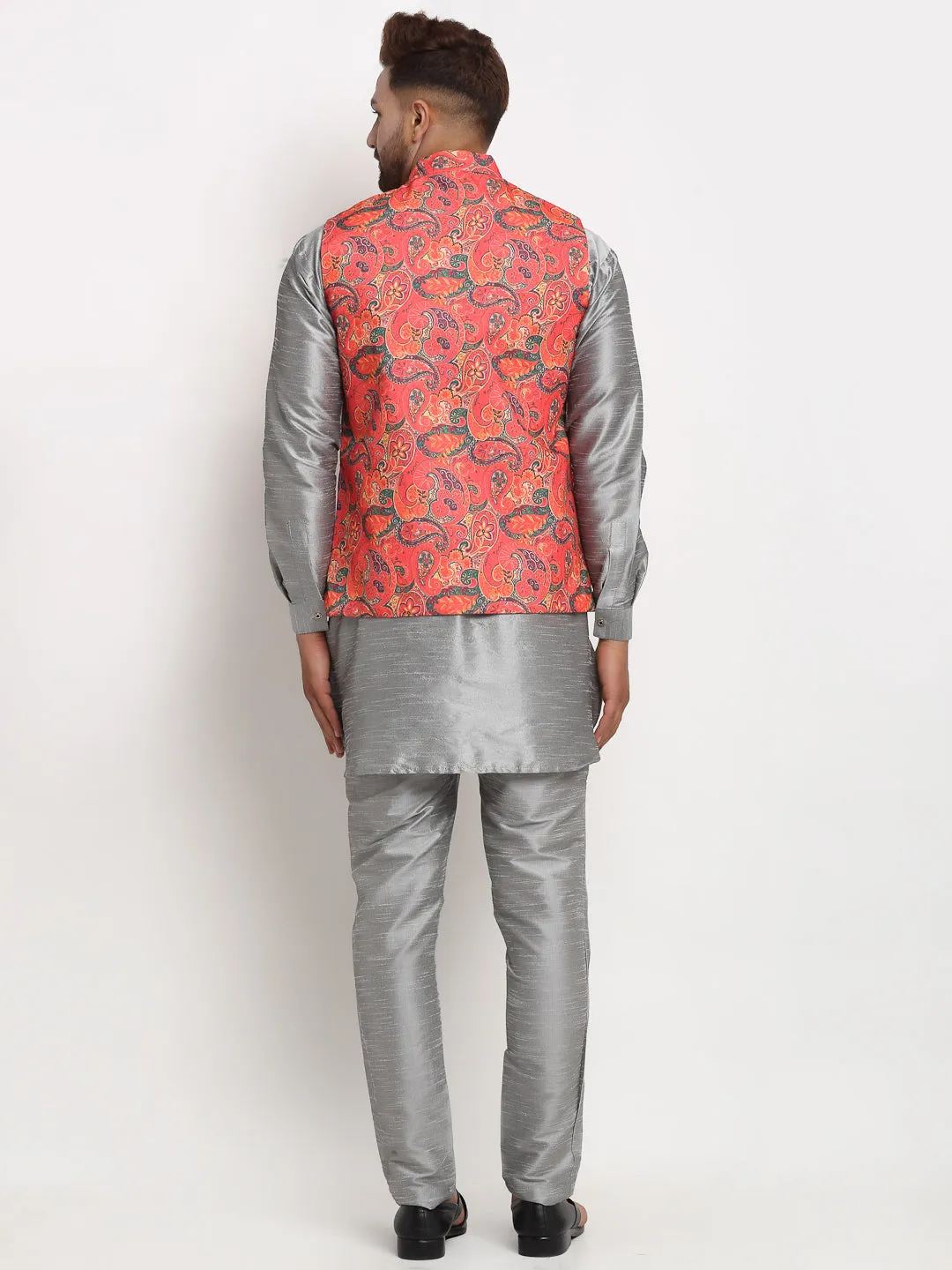 Men's Silk Blend Grey Kurta With Pyjama & Orange Printed Nehru Jacket - Benstoke