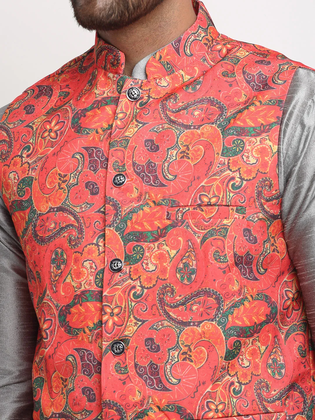 Men's Silk Blend Grey Kurta With Pyjama & Orange Printed Nehru Jacket - Benstoke