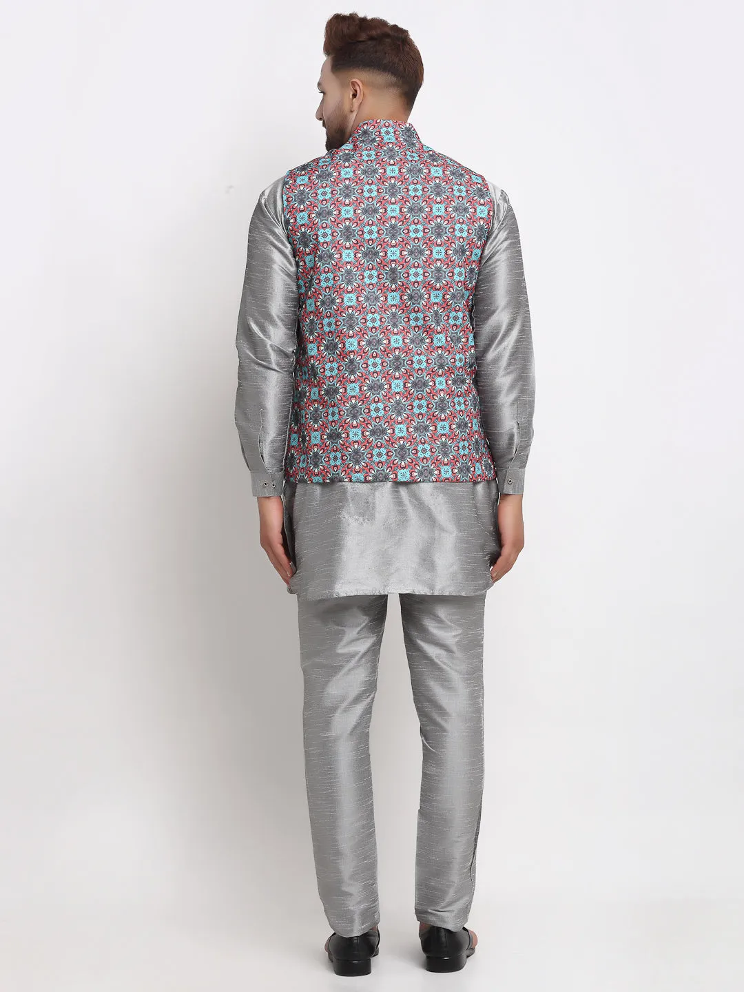 Men's Silk Blend Grey Kurta With Pyjama & Sky Blue Printed Nehru Jacket - Benstoke