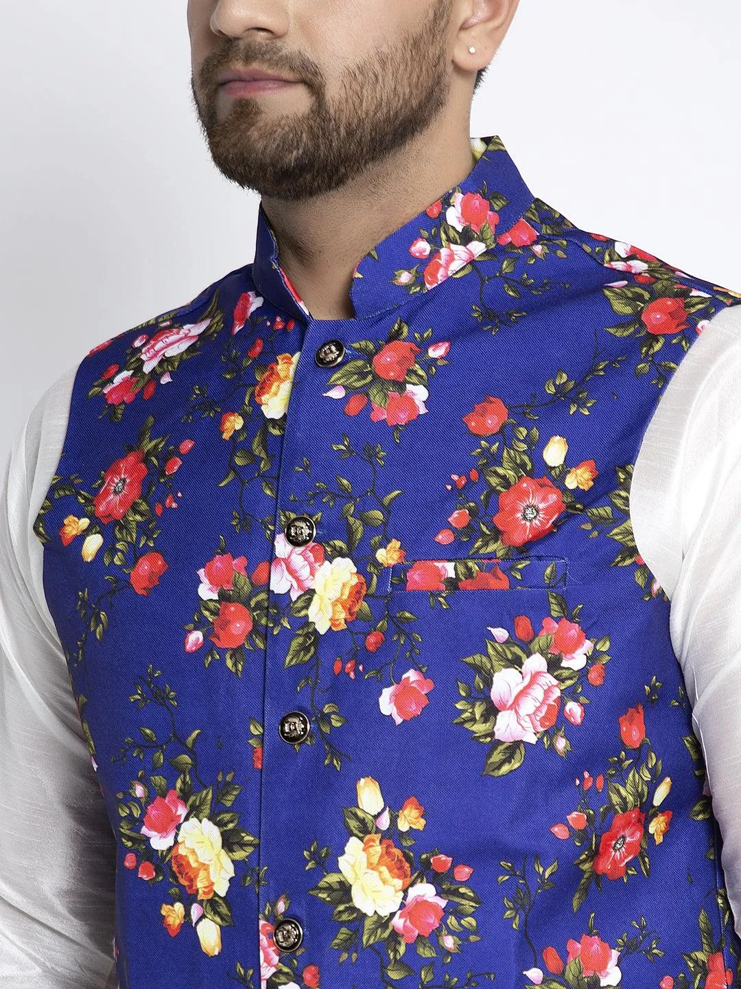 Men's Silk Blend White Kurta With Pyjama & Royal Blue Printed Nehru Jacket - Benstoke