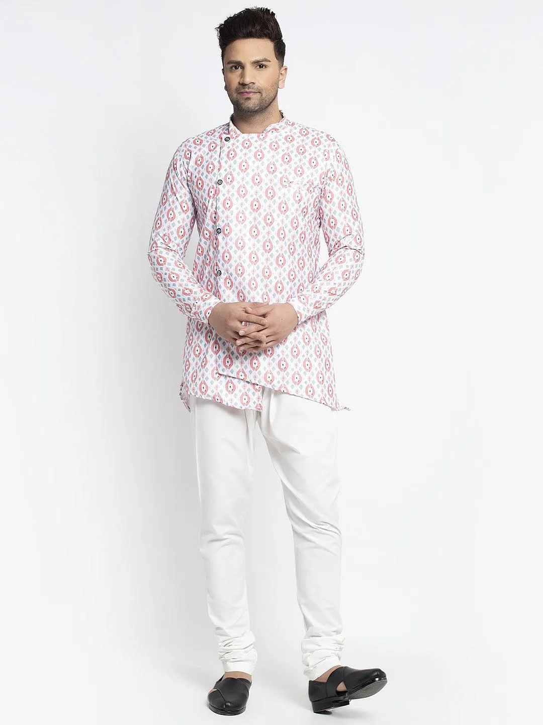 Men's White & Peach Printed Short Kurta With White Pyjama - Benstoke