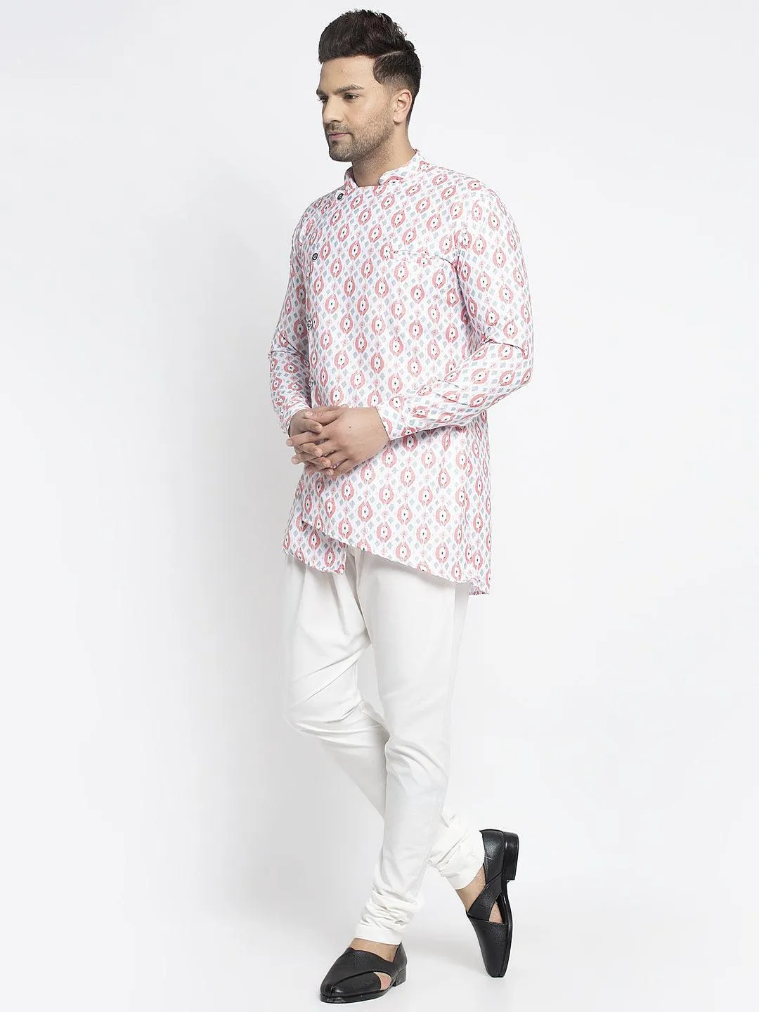 Men's White & Peach Printed Short Kurta With White Pyjama - Benstoke