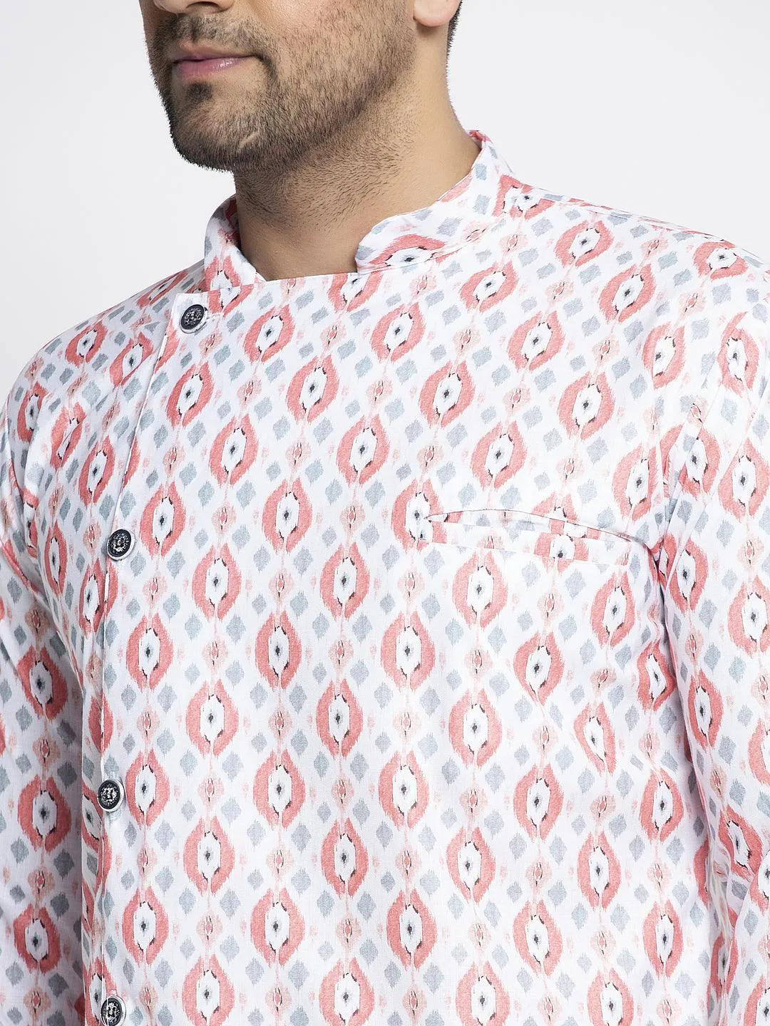 Men's White & Peach Printed Short Kurta With White Pyjama - Benstoke