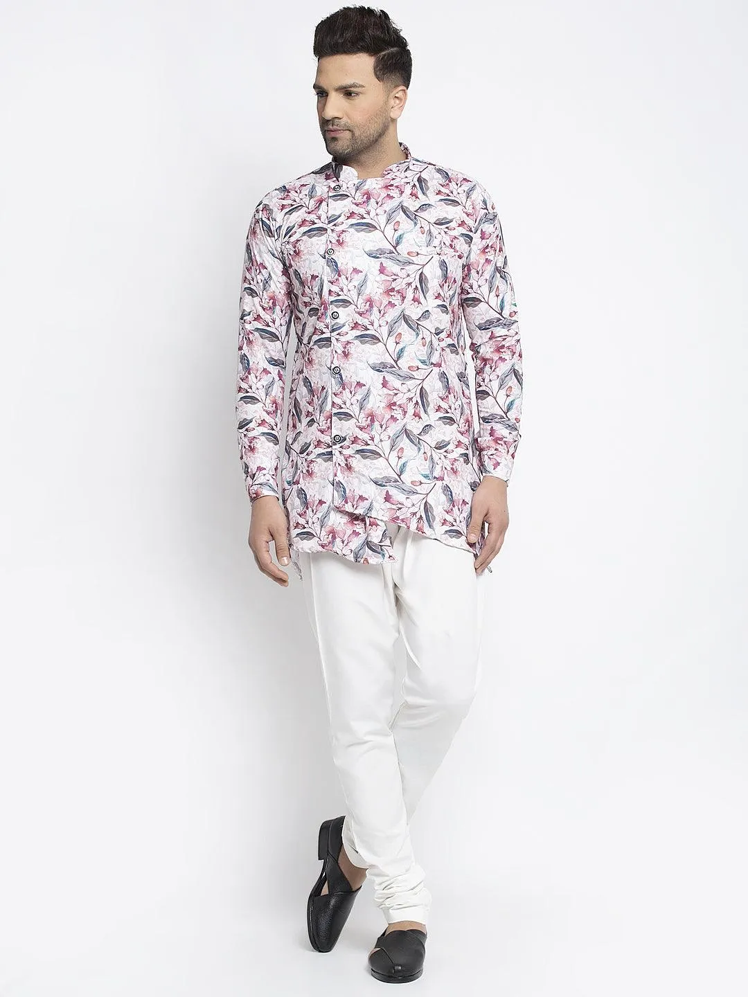 Men's White & Pink Printed Short Kurta With White Pyjama - Benstoke