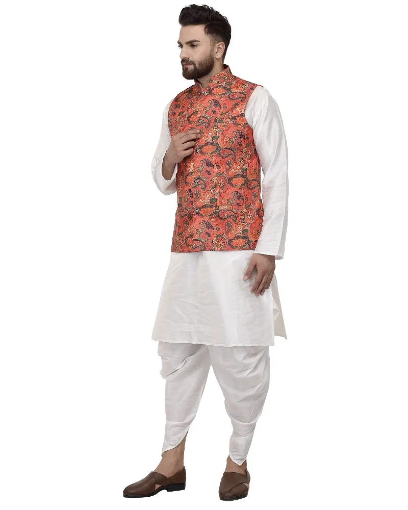 Men's White Kurta With Dhoti & Orange Printed Nehru Jacket - Benstoke