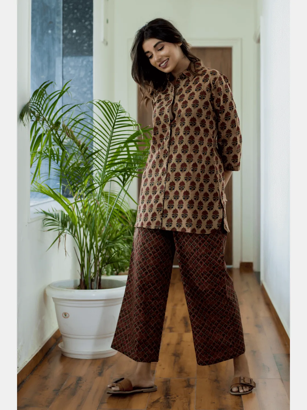 Mesh Brown Collared Cotton Loungewear