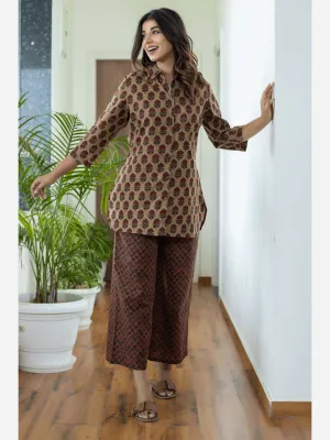 Mesh Brown Collared Cotton Loungewear