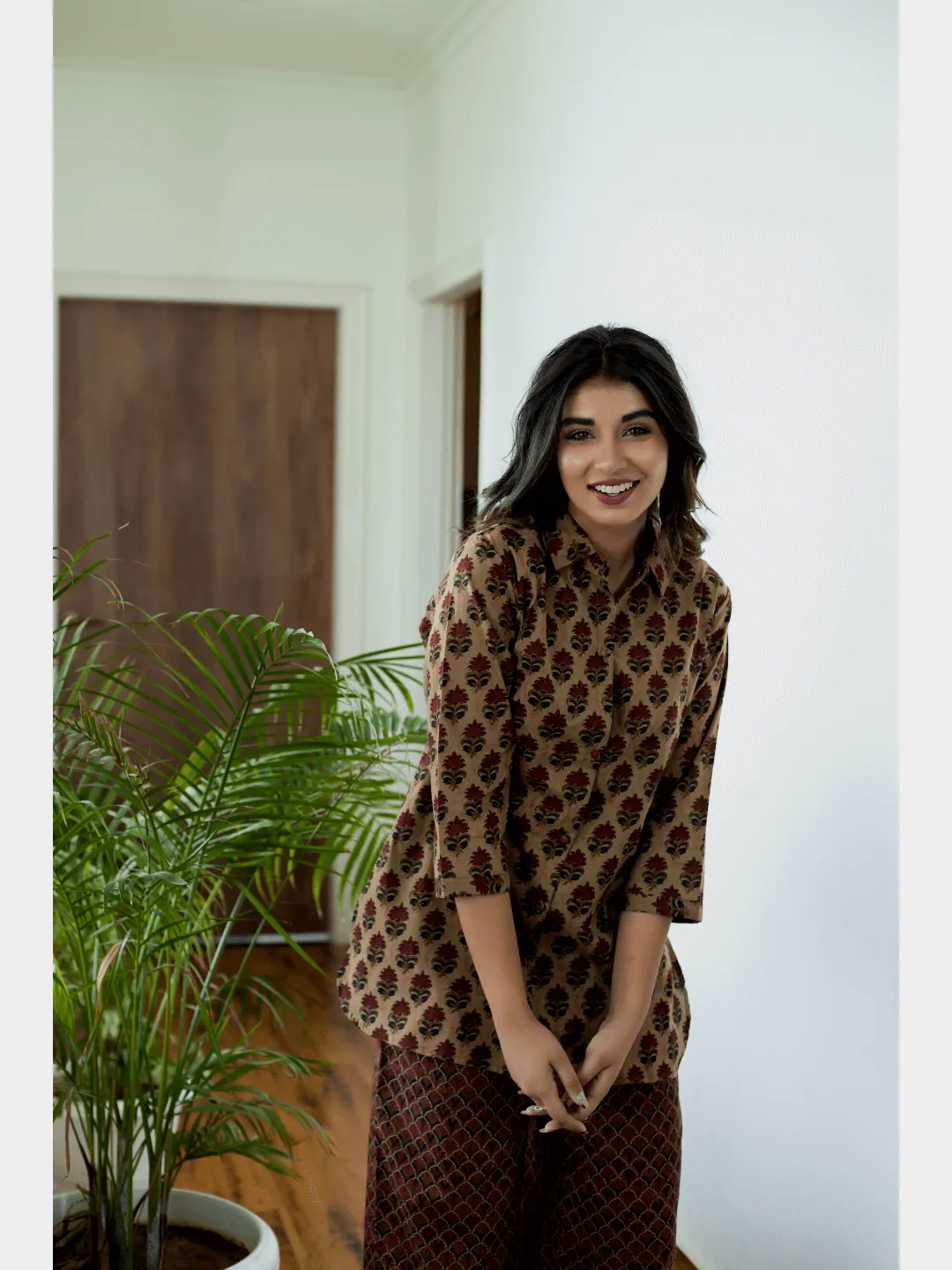 Mesh Brown Collared Cotton Loungewear