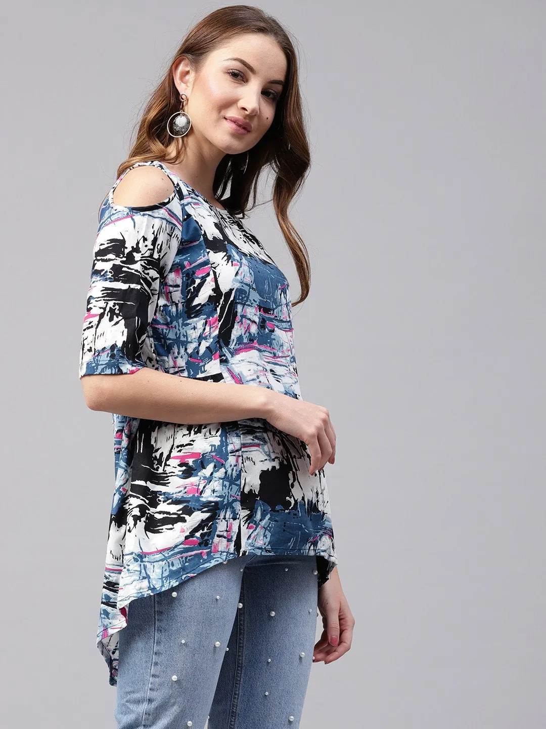 Multi Printed Half Cold Shoulder Sleeve Rayon Tunics