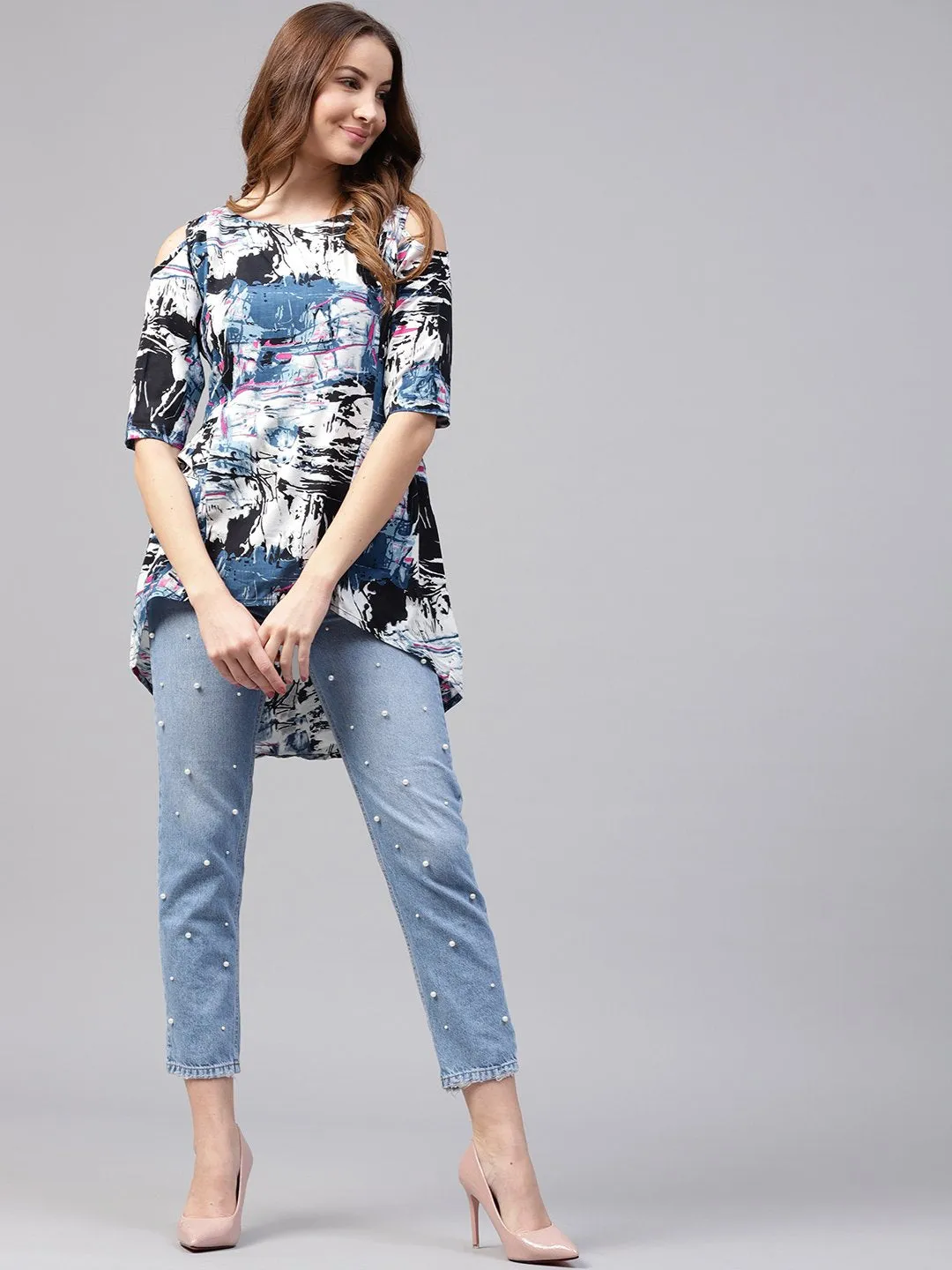 Multi Printed Half Cold Shoulder Sleeve Rayon Tunics