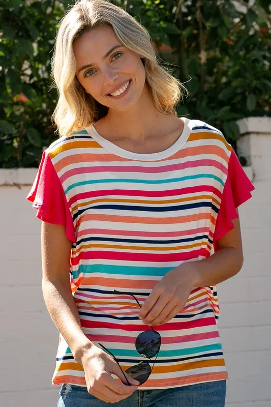 Multi Stripe Flutter Sleeve Top