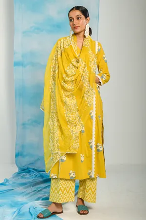 Nargis Mustard Yellow Lace Yoke Kurta, Zigzag Printed Palazzo and Dupatta - Set of 3