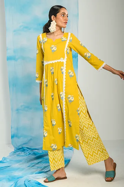 Nargis Mustard Yellow Lace Yoke Kurta, Zigzag Printed Palazzo and Dupatta - Set of 3