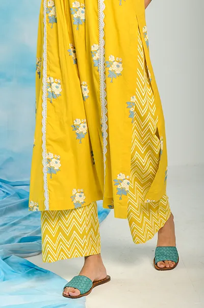 Nargis Mustard Yellow Lace Yoke Kurta, Zigzag Printed Palazzo- Set of 2