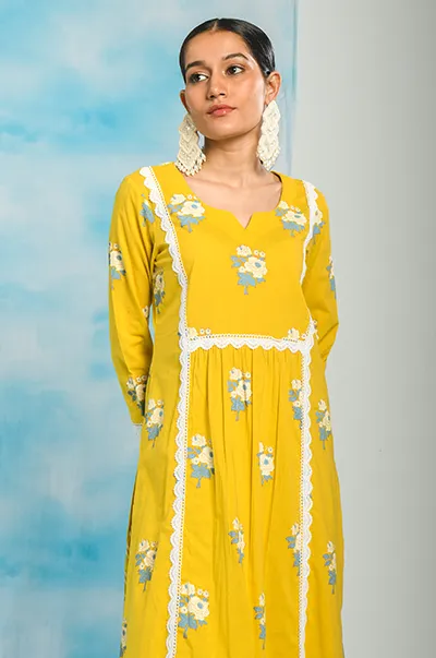 Nargis Mustard Yellow Lace Yoke Kurta, Zigzag Printed Palazzo- Set of 2