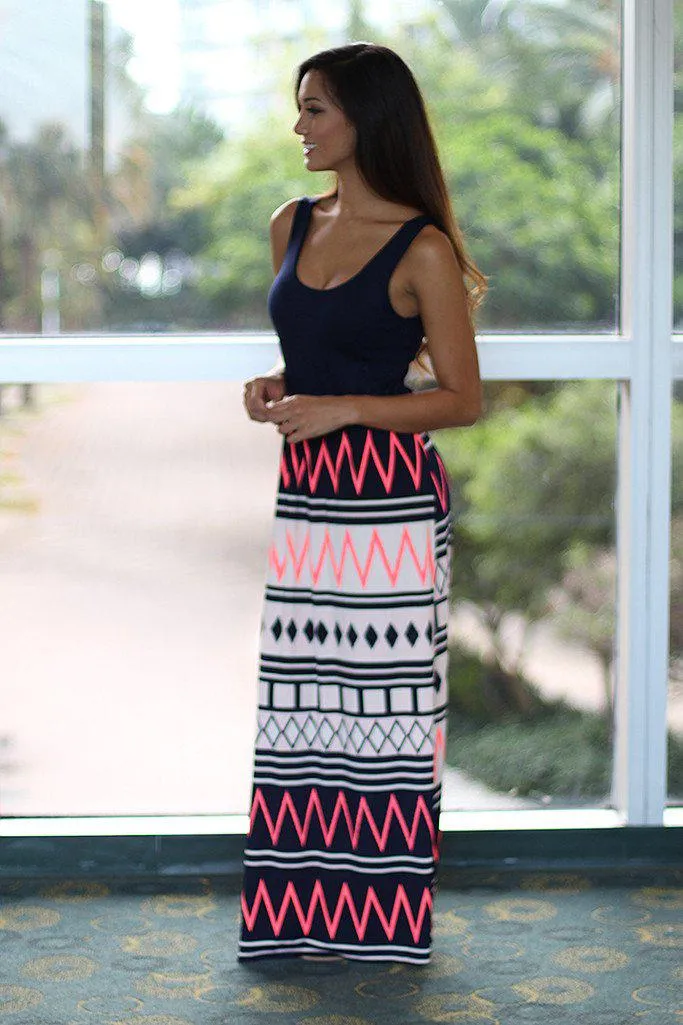 Navy And Neon Pink Maxi Dress With Criss Cross Back