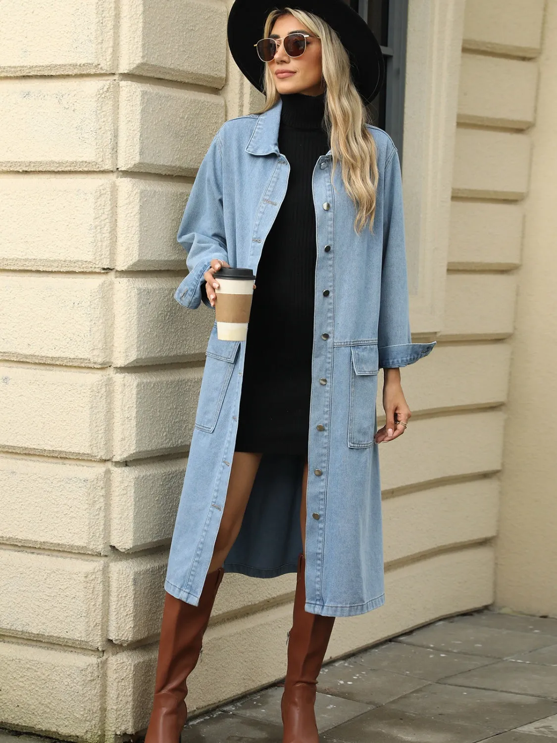 New Women's Fashion Long Maxi Jean Coat Pocketed Button Down Collared Neck Denim Jacket