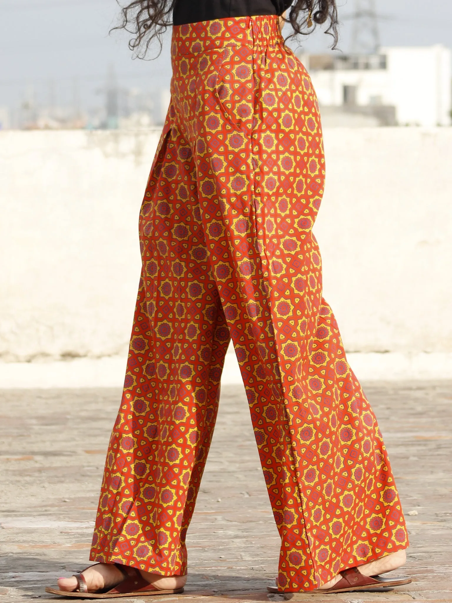 Orange Yellow  Indigo Hand Block Printed Semi Elasticated Waist Pleated Cotton Palazzo - P11F696