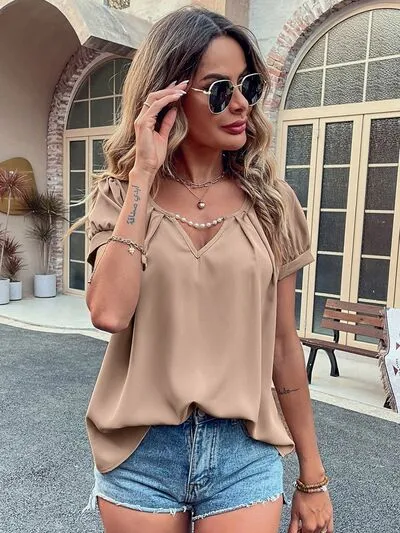 Pearl Detail Notched Short Sleeve Blouse