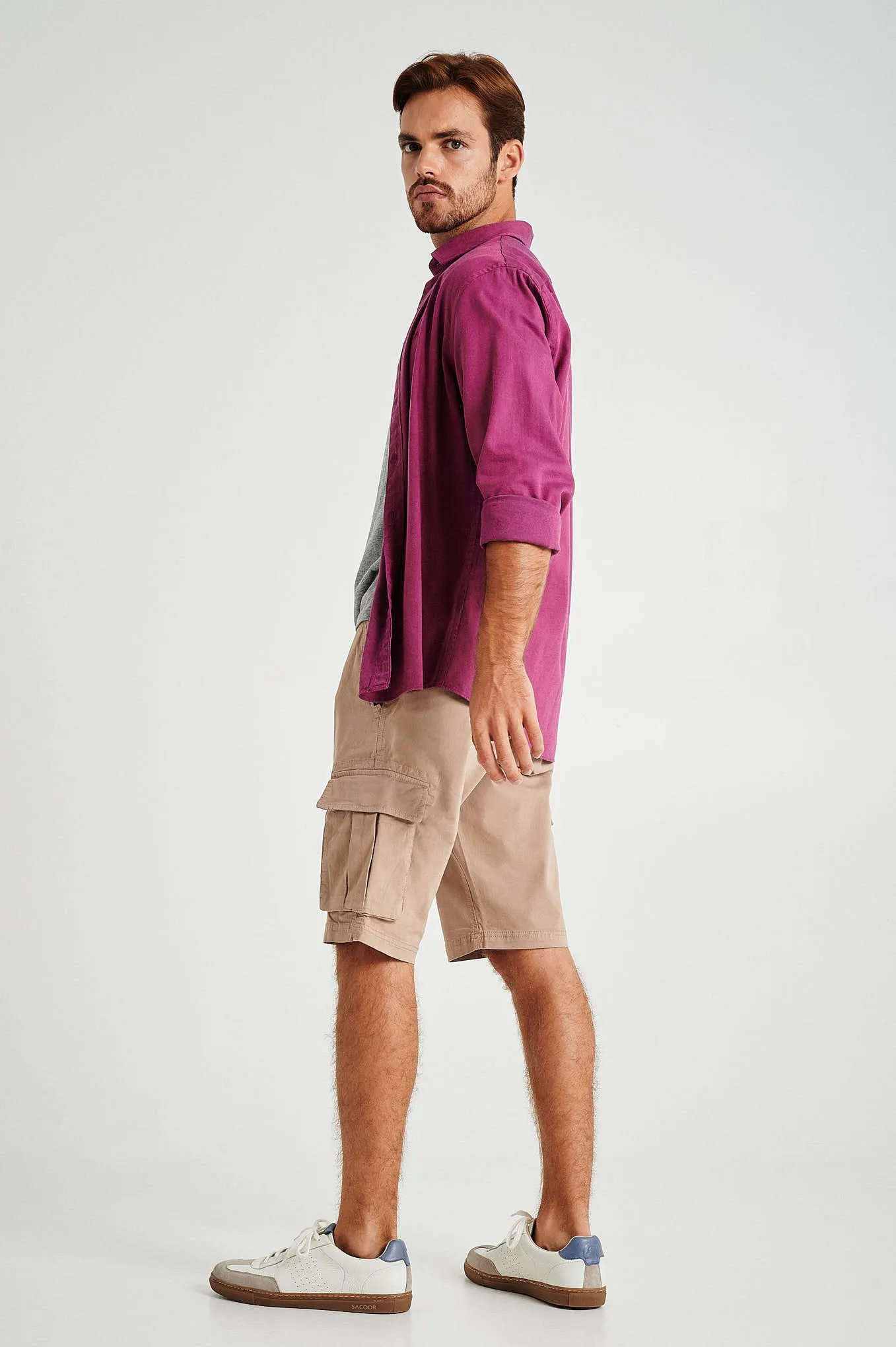 Plain pastel coloured with organic cotton cargo bermuda shorts