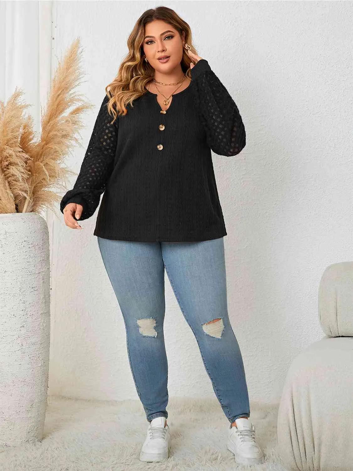 Plus Size Openwork Notched Button Front Blouse