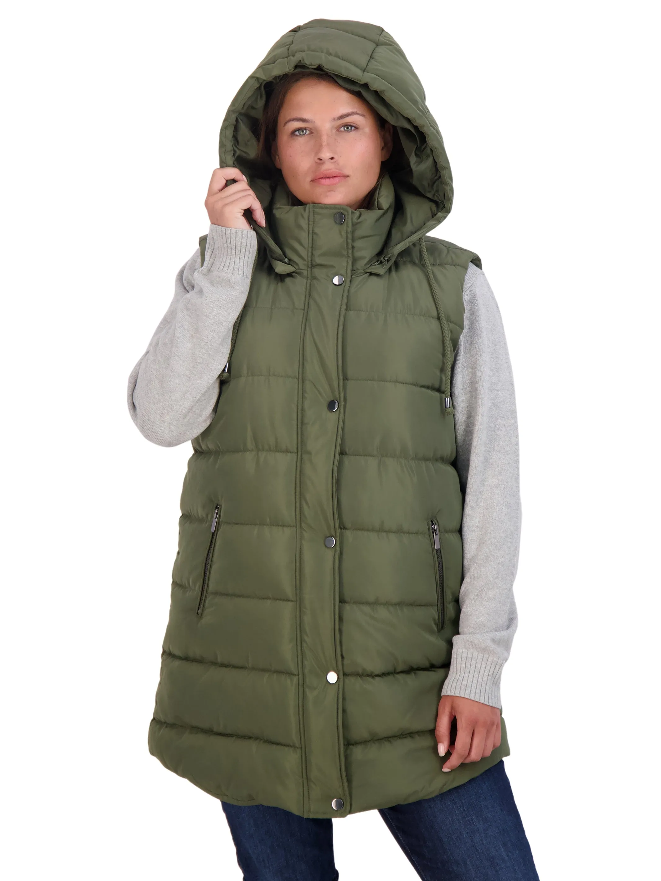 Sebby Collection Plus Long Puffer Vest with Detachable Hood