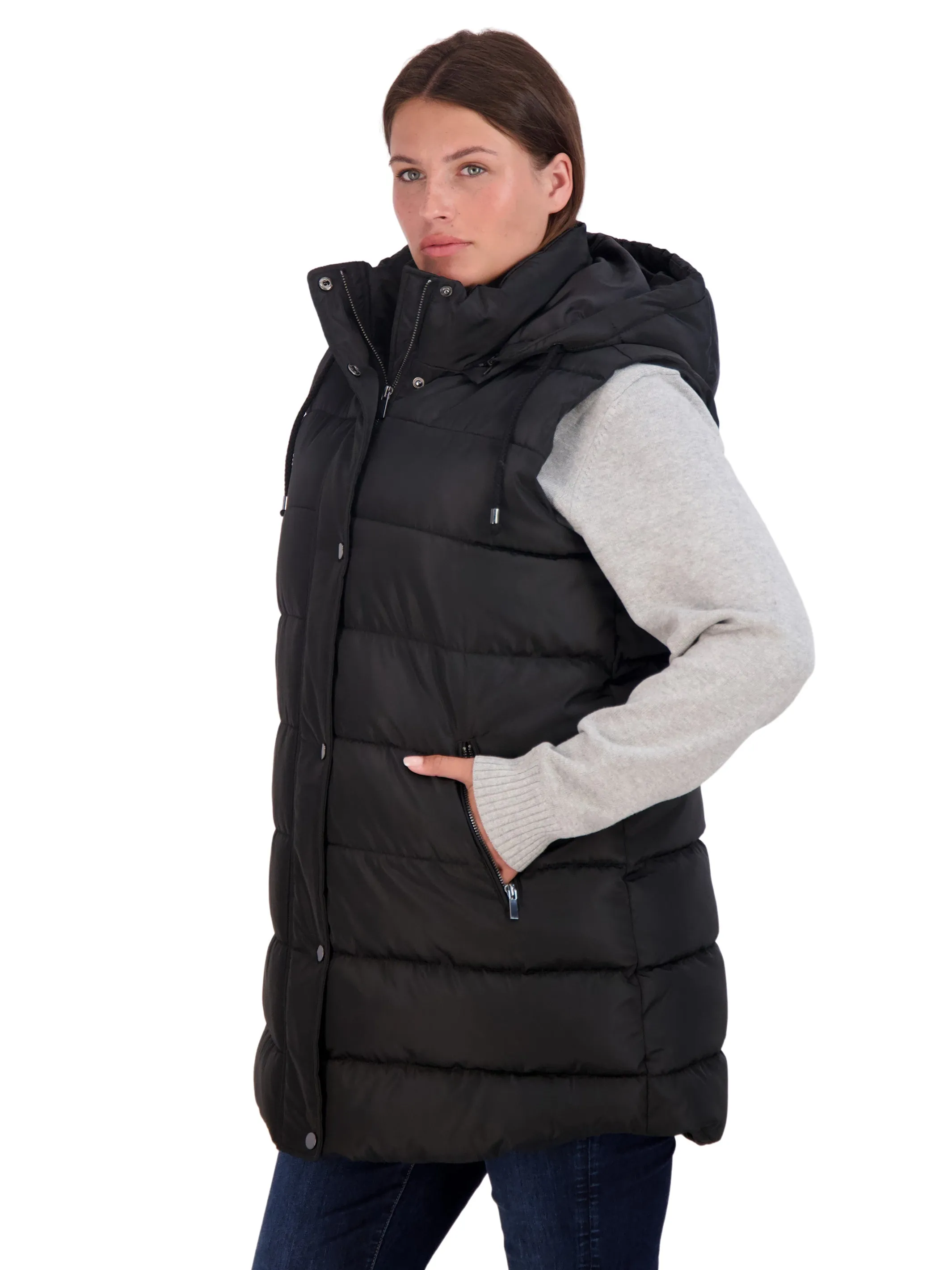 Sebby Collection Plus Long Puffer Vest with Detachable Hood