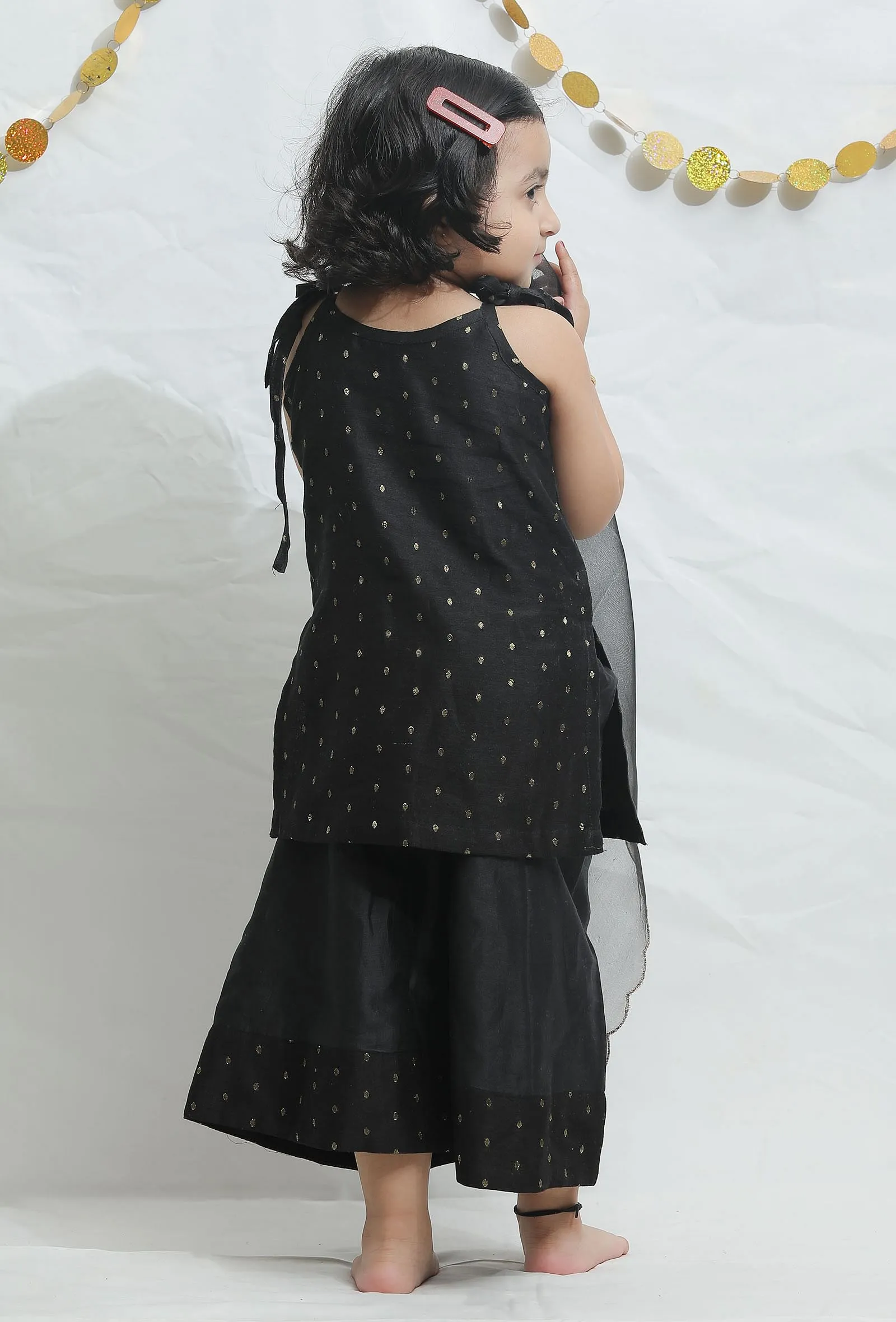 Set of 3: Black Chanderi Slip with Palazzo and Dupatta