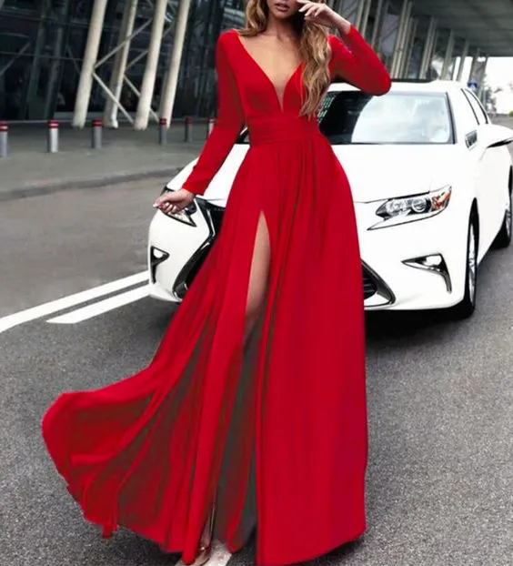 Sexy V-neck Long Sleeves Long Dresses