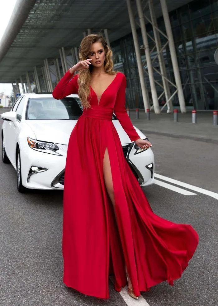 Sexy V-neck Long Sleeves Long Dresses