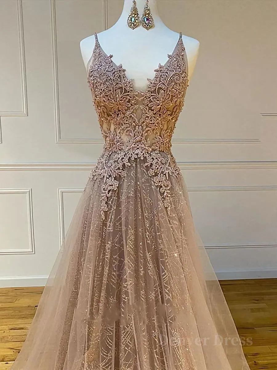 Shiny V Neck Champagne Lace Prom Dresses, Champagne V Neck Lace Formal Graduation Evening Dresses