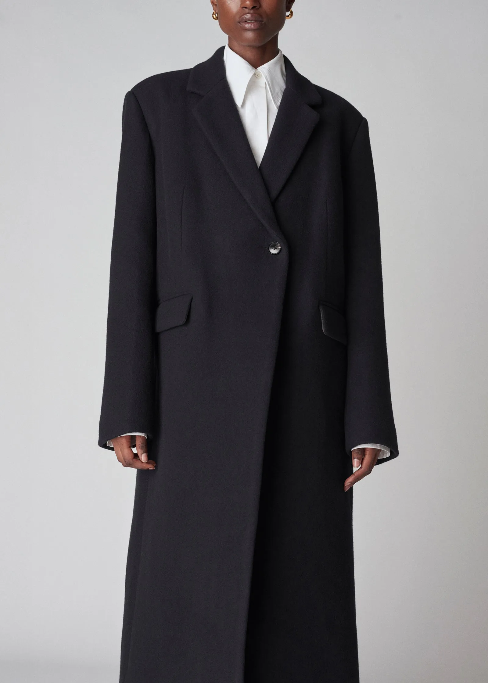 Single Button Coat in Melton Wool - Black