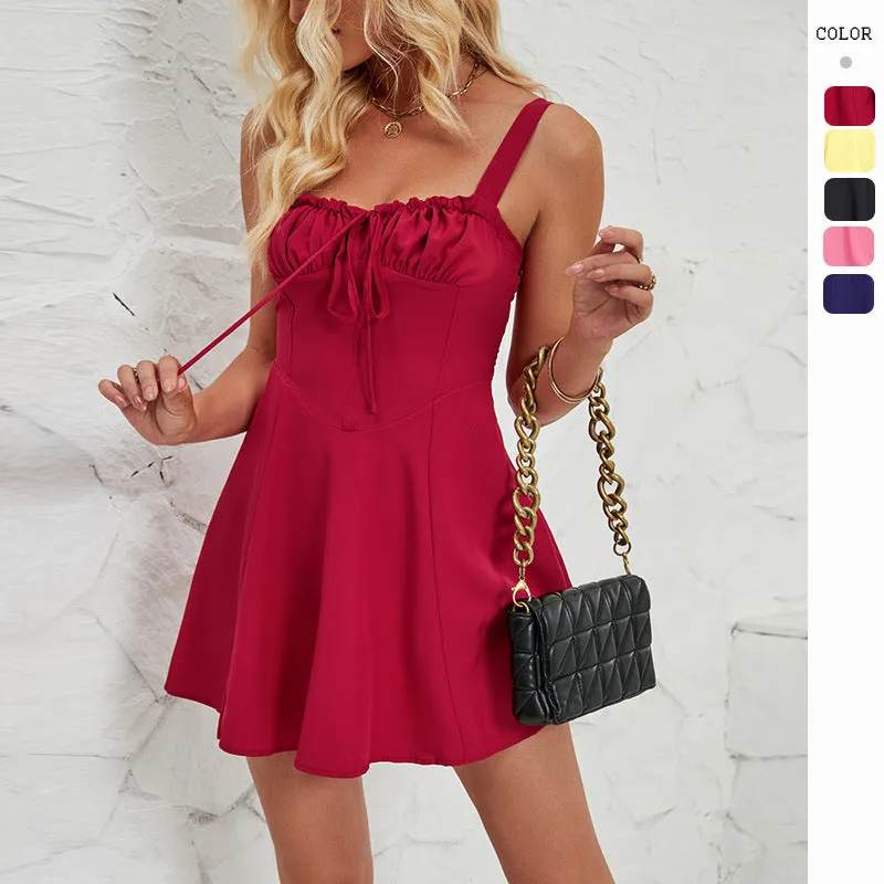 Summer Sleeveless Solid Color A-line Dress Lace-up Suspender Mini Skirt