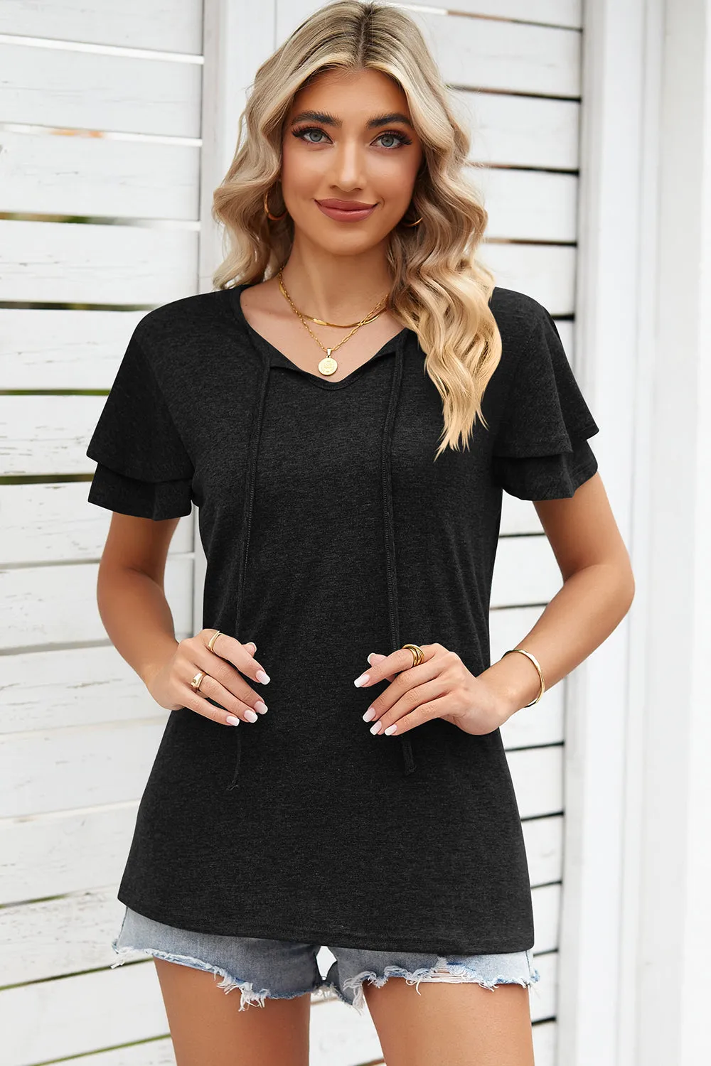 Tie Waist Flutter Sleeve Blouse