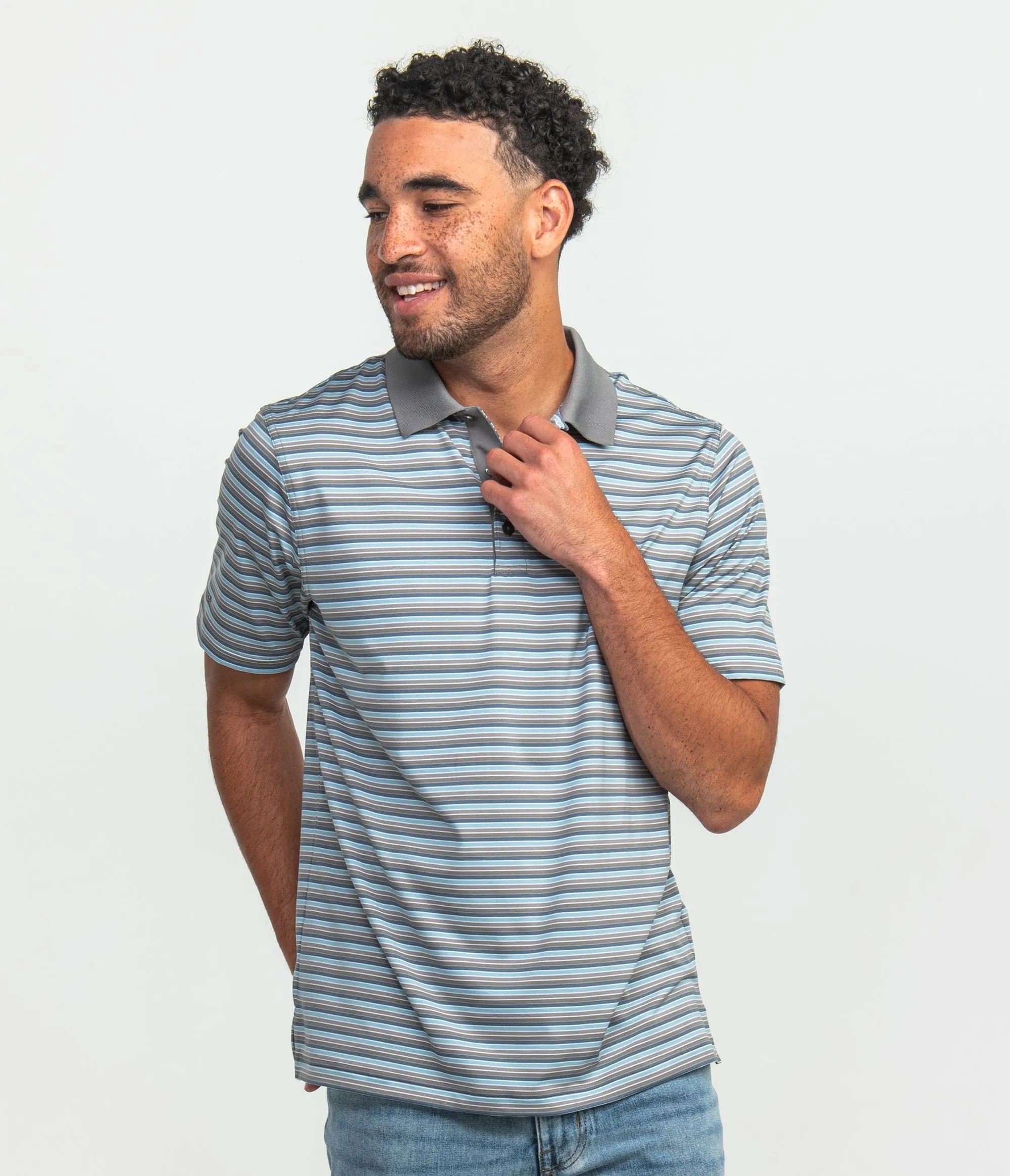 Tucker Stripe Polo - Steel Blue