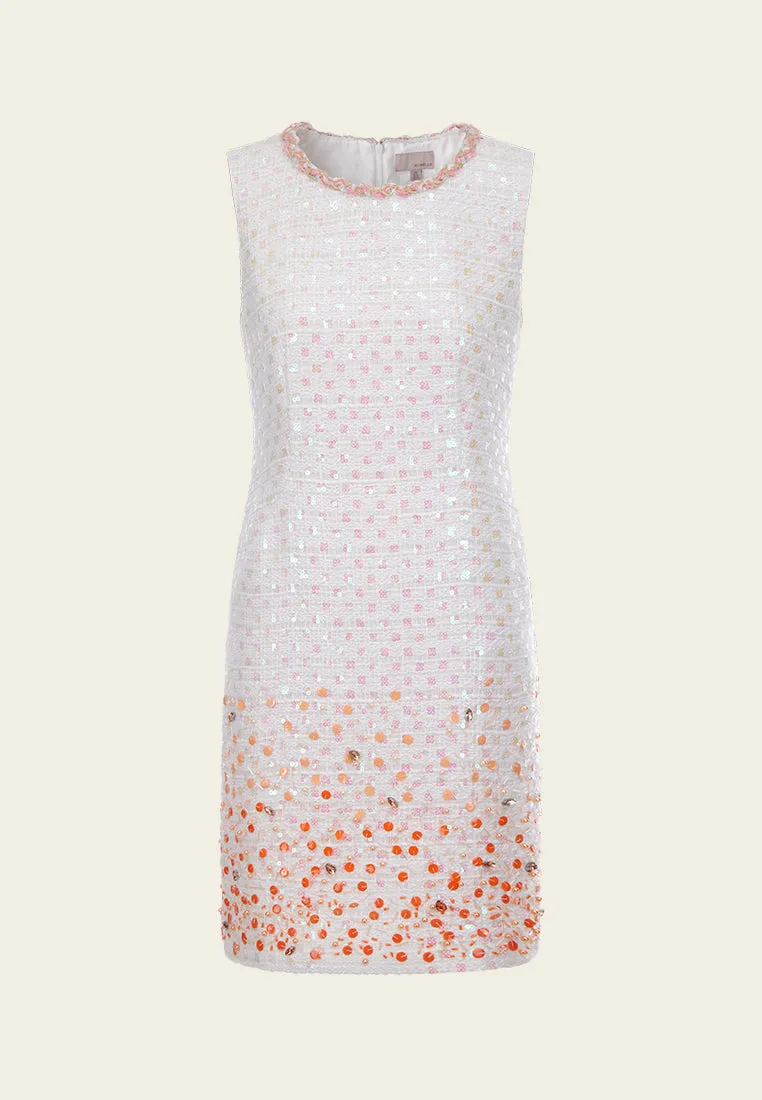 White Beaded Sequin Sleeveless Tweed Dress