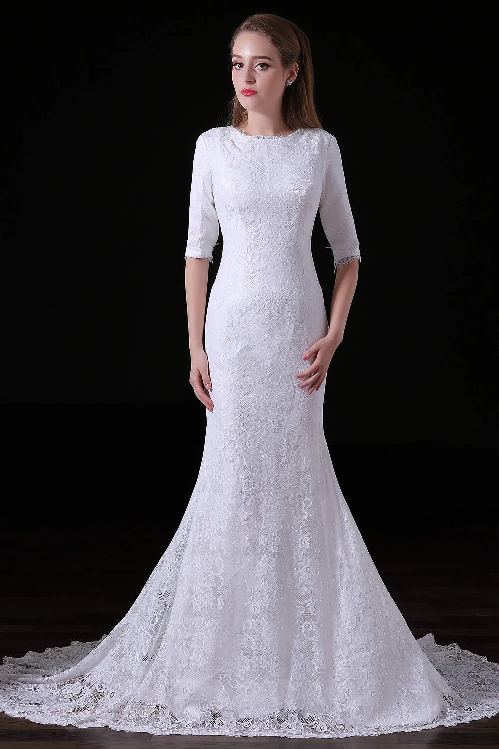 White Lace Sleeves Button Back Mermaid Wedding Dresses