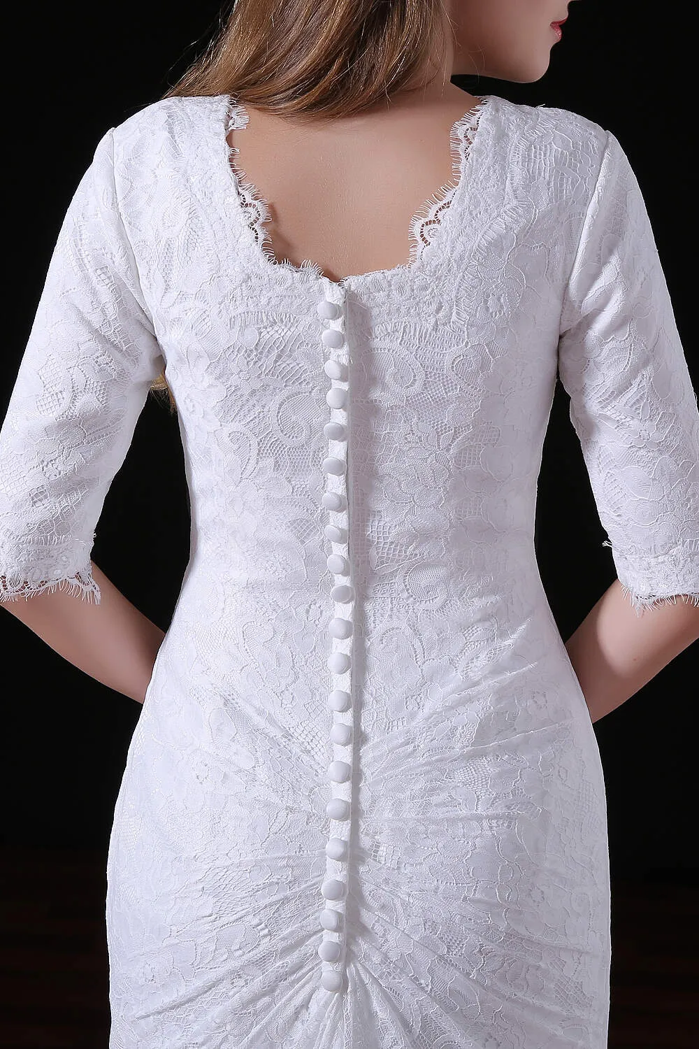 White Lace Sleeves Button Back Mermaid Wedding Dresses