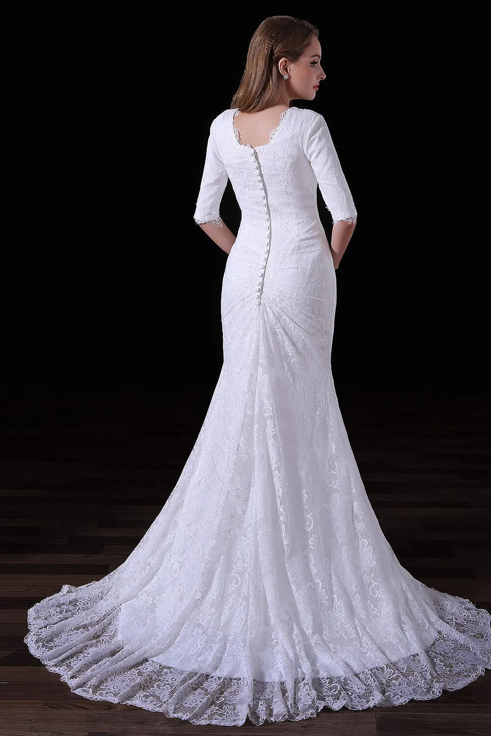 White Lace Sleeves Button Back Mermaid Wedding Dresses