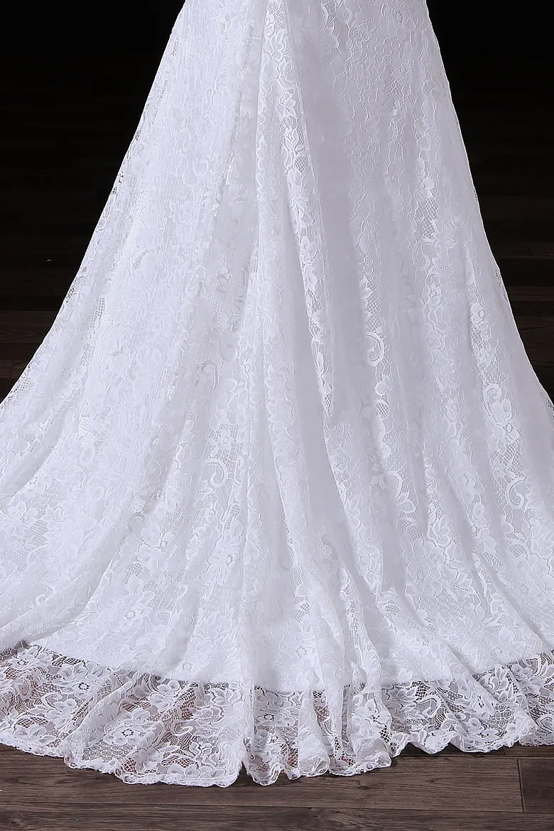 White Lace Sleeves Button Back Mermaid Wedding Dresses