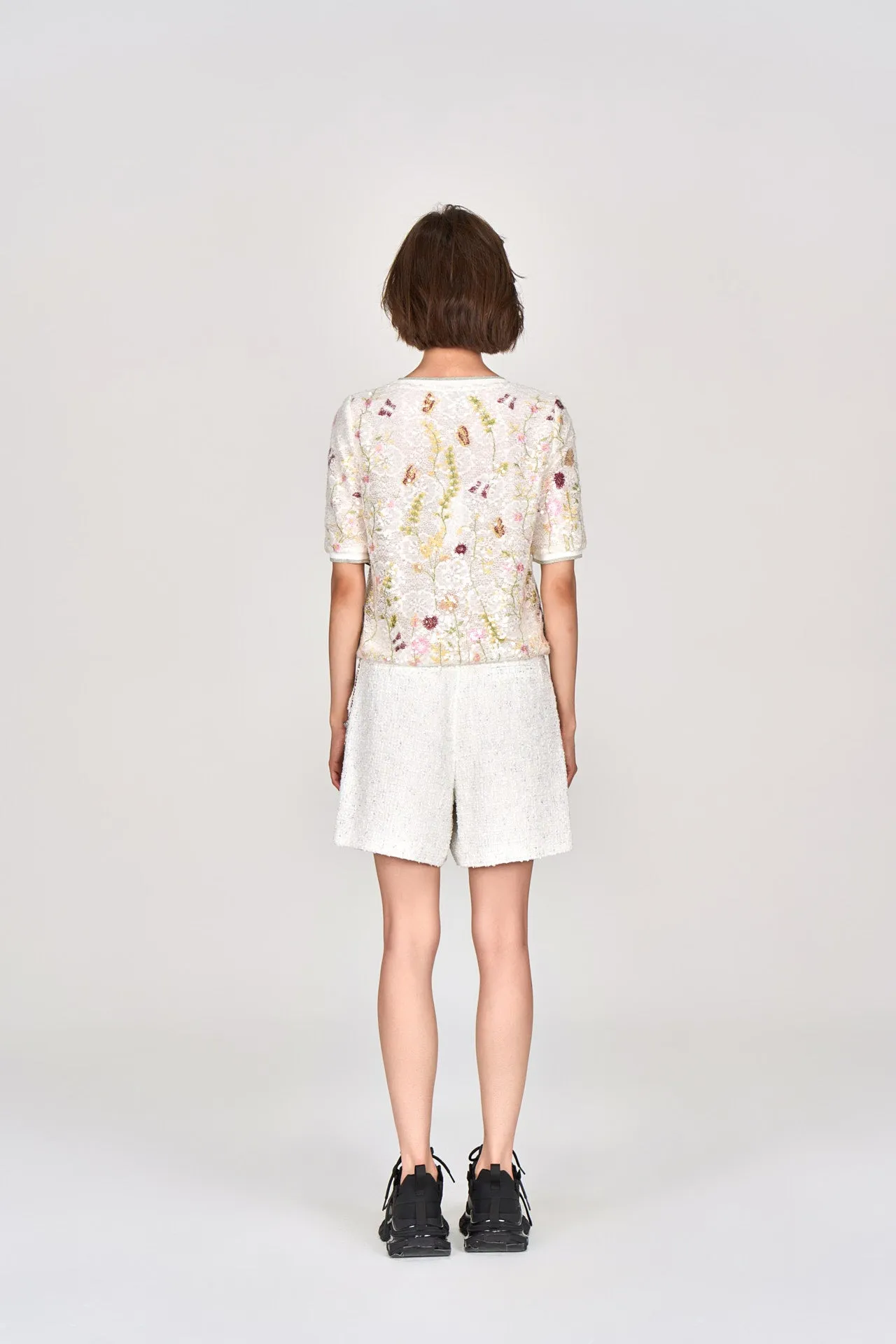 White Lurex Tweed Embellished Shorts