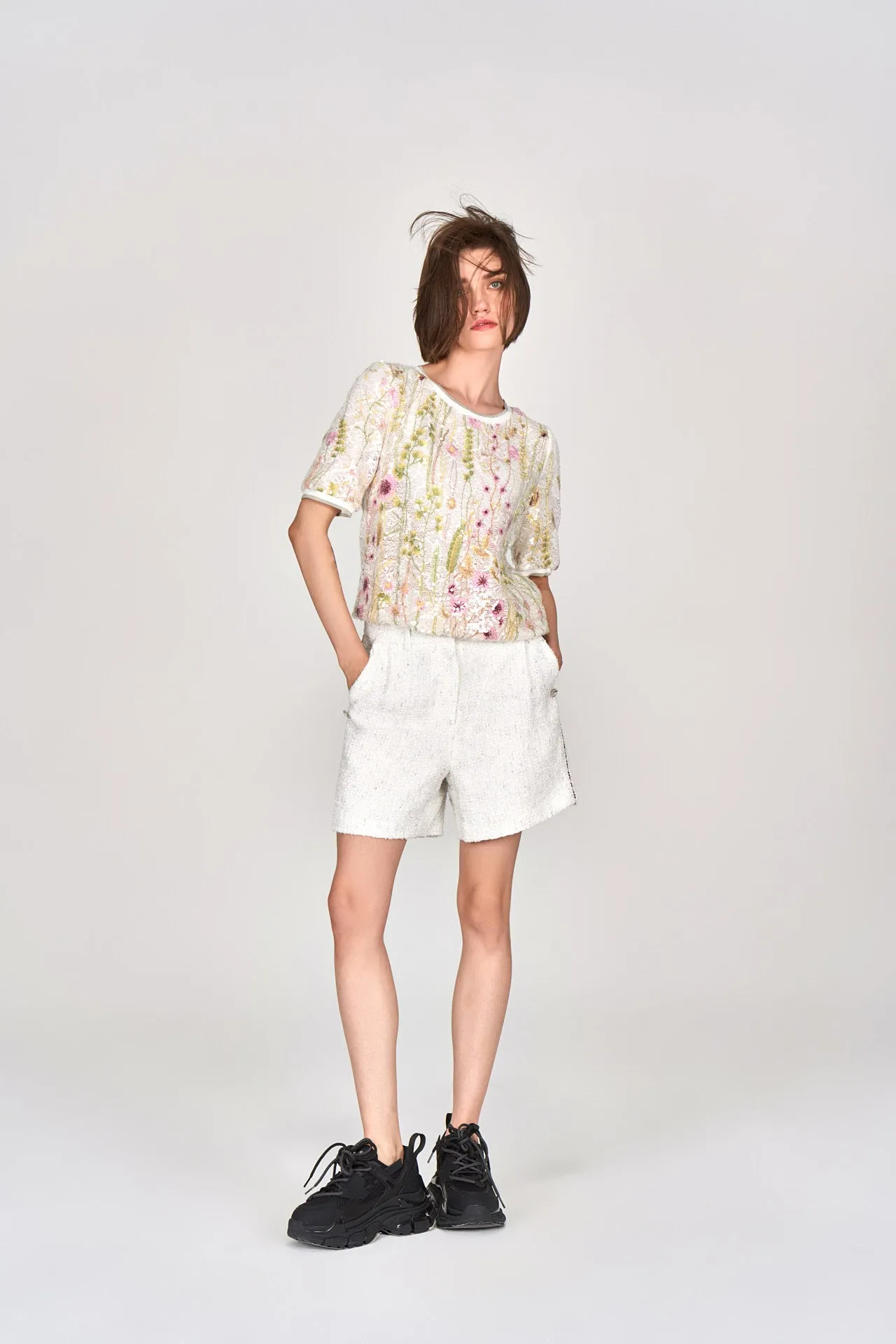 White Lurex Tweed Embellished Shorts