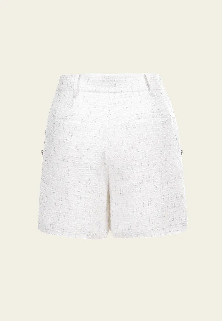 White Lurex Tweed Embellished Shorts