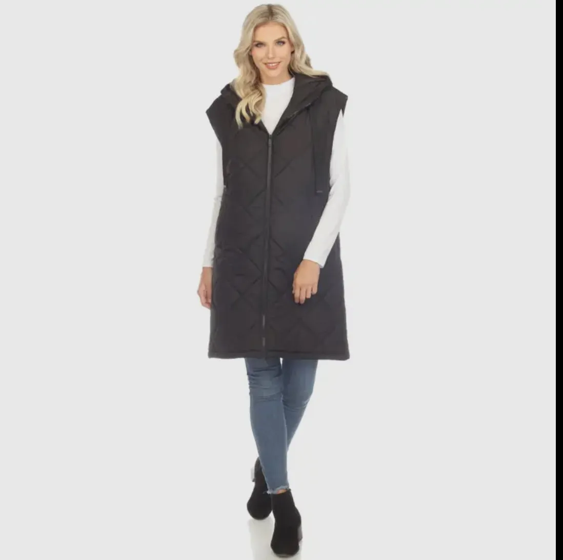 White Mark Knee Length Puffer Vest with Hood