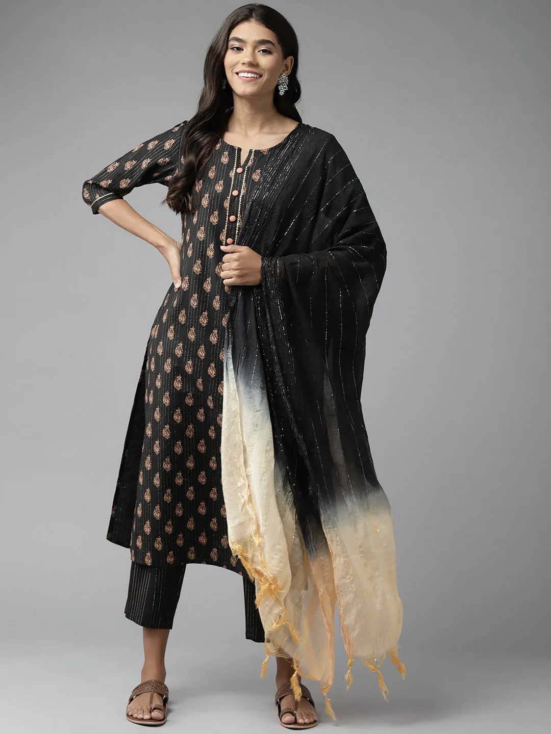 Women Black Cotton Lurex Kurta Set With Dupatta