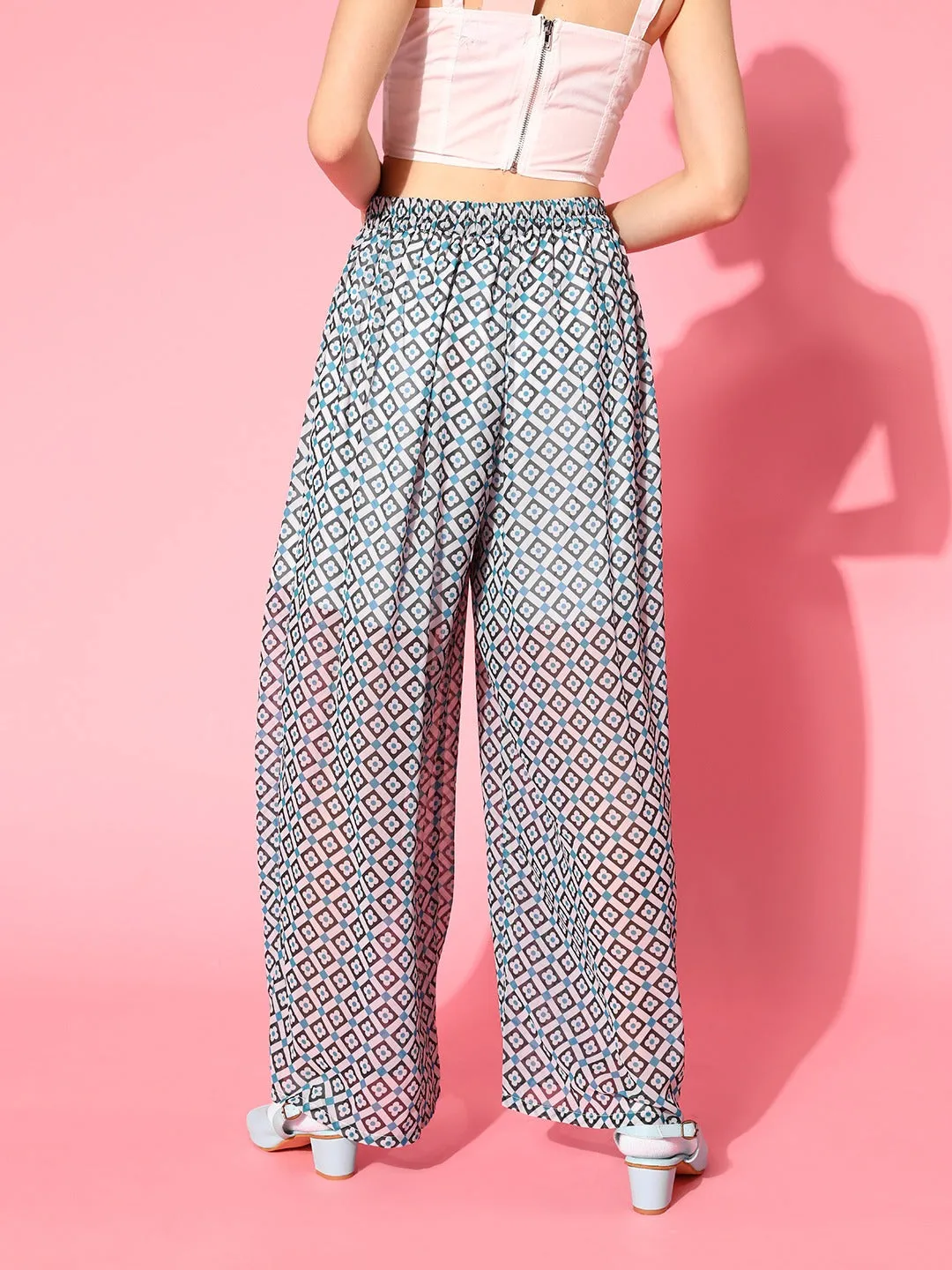 Women Blue Floral Geo Print Palazzo Pants