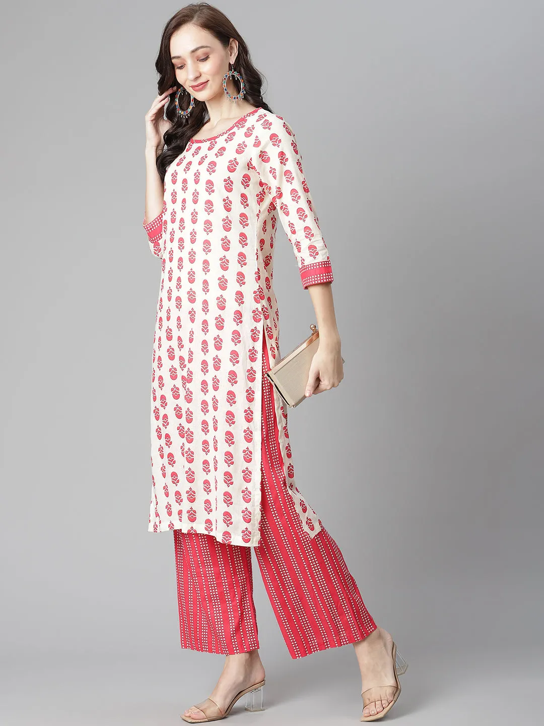 Women Off-White-Red Cotton Print Straight Kurta With Palazzo