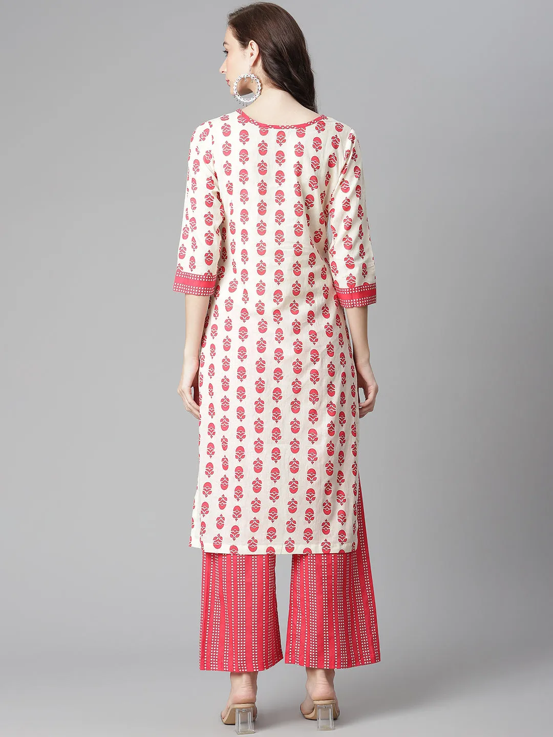 Women Off-White-Red Cotton Print Straight Kurta With Palazzo