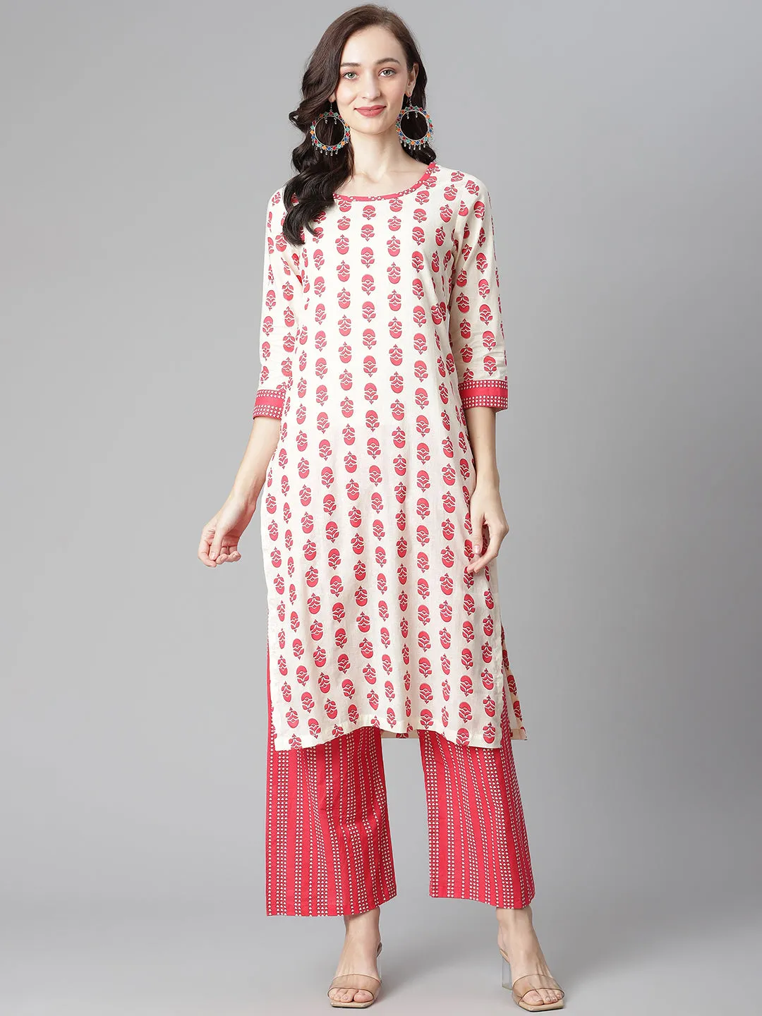 Women Off-White-Red Cotton Print Straight Kurta With Palazzo